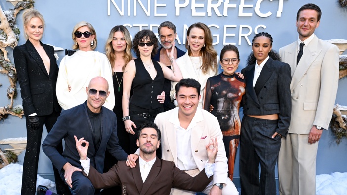 Nicole Kidman, Christine Baranski, Annie Murphy, King Princess, Murray Bartlett, Lena Olin, Dolly De Leon, Maisie Richardson-Sellers, Lucas Englander, Mark Strong, Aras Aydin, Henry Golding at the "Nine Perfect Strangers" season 2 L.A. carpet event held at The Beverly Estate on May 15, 2025 in Beverly Hills, California. (Photo by Gilbert Flores/Variety via Getty Images)