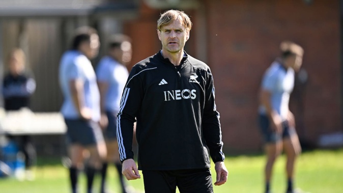 All Blacks head coach Scott Robertson during an All Blacks training session, sporting the Ineos logo on his jacket. Photo / Photosport