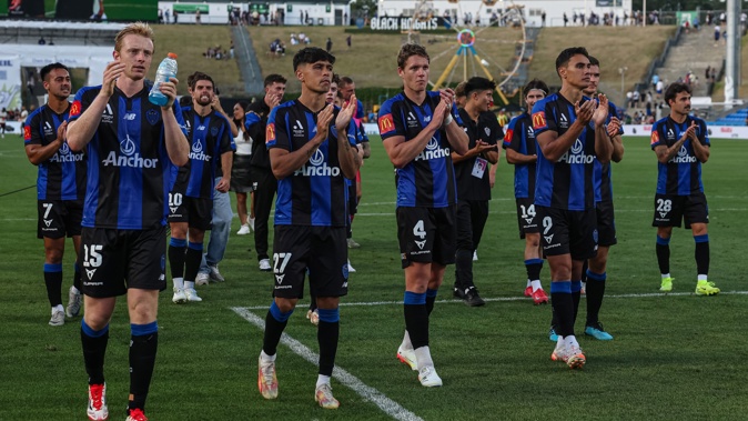Auckland FC players thank the fans after their draw with Adelaide United. Photo / Photosport