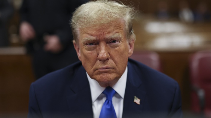 Former President Donald Trump awaits the start of proceedings during jury selection at Manhattan criminal court, Thursday, April 18, 2024 in New York. Photo / Brendan McDermid | Pool Photo via AP