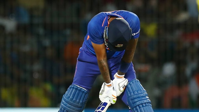 Suryakumar Yadav of India reacts after bowled out by Ashton Agar. Photo / Getty