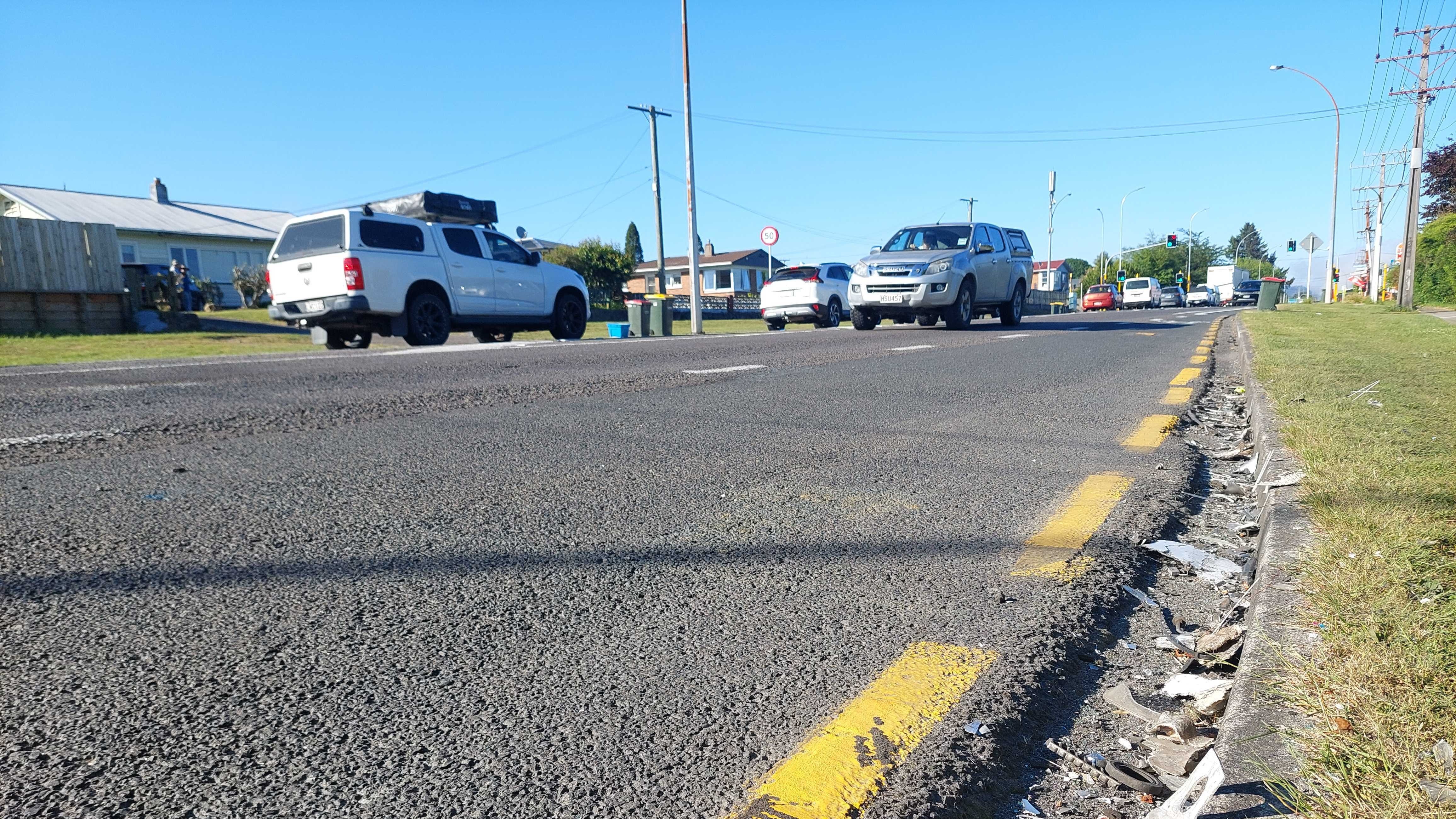 Evidence of the fatal car v bus crash on Te Ngae Rd this morning. Photo / Ben Fraser