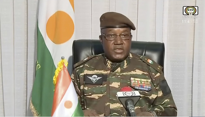 In this image taken from video provided by ORTN, Gen. Abdourahmane Tchiani makes a statement Friday, July 28, 2023, in Niamey, Niger. Niger state television identified him as the leader of the National Council for the Safeguarding of the Country, the group of soldiers who said they staged the coup against President Mohamed Bazoum. Photo / ORTN via AP
