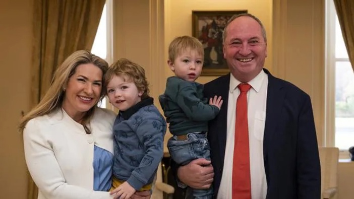 Barnaby Joyce and partner Vikki Campion with their two toddlers in Canberra on Tuesday. (Photo / NCA)