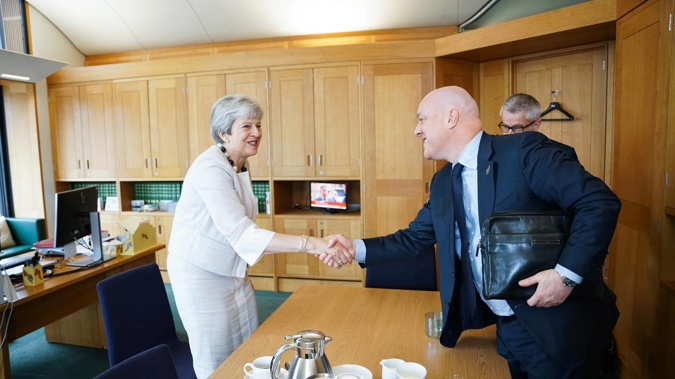 Former British Prime Minister Theresa May meets Christopher Luxon in London. (Photo / Supplied, Facebook)