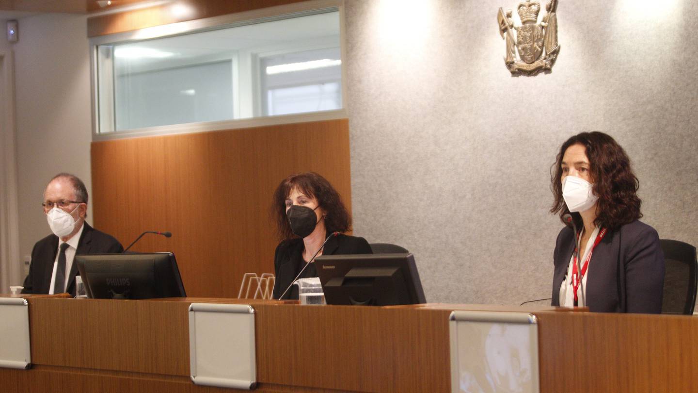 District Court Judge Lawrence Hinton, panel Chair Chief High Court Judge Justice Susan Thomas, and former diplomat Jacqueline Caine presided over today's hearing. Photo / Melissa Nightingale