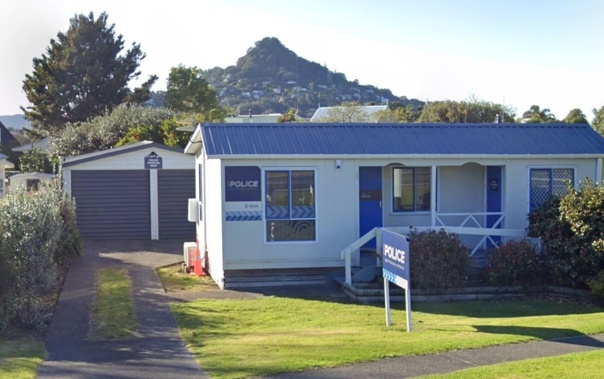 A garage and police car have been destroyed after a suspicious fire at Tairua Police Station in Coromandel Peninsula early this morning. Photo / Google Street View