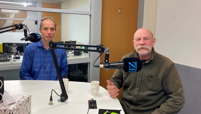 Investigative journalist Nicky Hager and broadcaster Mark Sainsbury. Image / Newstalk ZB