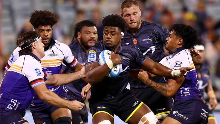Peter Laki of the Hurricanes in action during the round 11 Super Rugby Pacific match between ACT Brumbies and Hurricanes at GIO Stadium, on April 26, 2025, in Canberra, Australia. (Photo by Mark Nolan/Getty Images)