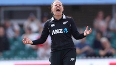 Lea Tahuhu celebrates the first wicket in the third ODI between England and New Zealand at the County Ground Grace Road, Leicester. (Photo / Photosport)