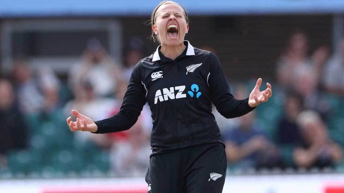 Lea Tahuhu celebrates the first wicket in the third ODI between England and New Zealand at the County Ground Grace Road, Leicester. (Photo / Photosport)