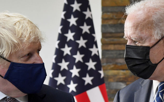 US President Joe Biden talks with Britain's Prime Minister Boris Johnson, during their meeting ahead of the G7 summit in Cornwall, Britain, Thursday June 10, 2021. Photo / AP