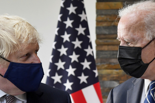 US President Joe Biden talks with Britain's Prime Minister Boris Johnson, during their meeting ahead of the G7 summit in Cornwall, Britain, Thursday June 10, 2021. Photo / AP