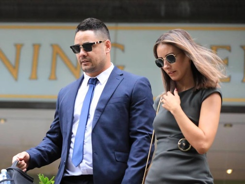 Former NRL superstar Jarryd Hayne and his wife Amelia Bonnici leaving the Downing Centre Court in Sydney. Photo / NCA Newswire