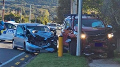 A woman and her daughter were injured after a stolen car smashed into their Toyota Hilux. Photo / Supplied