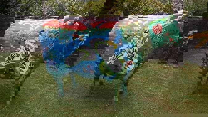 Stewart Germann's giant Kiwiana-themed sheep statue, Barbara, which he bought at a charity auction in 2011, was stolen from his St Heliers property overnight on Wednesday. Photo / Stewart Germann