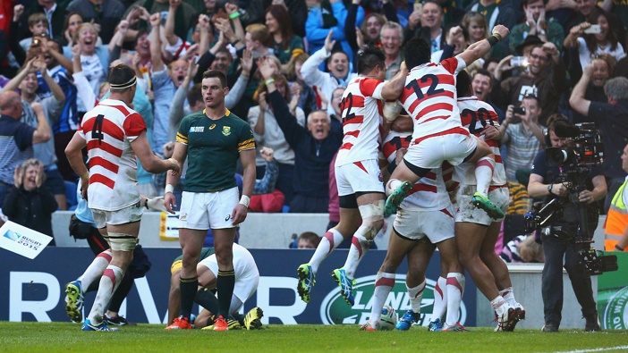 Karne Hesketh of Japan celebrates with his teammates following his winning try during the 2015 Rugby World Cup Pool B match between South Africa and Japan at the Brighton Community Stadium on September 19, 2015 in Brighton, United Kingdom. (Photo by Charlie Crowhurst/Getty Images)