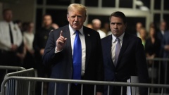 Former President Donald Trump comments to members of the media after being found guilty on 34 felony counts. Photo / AP