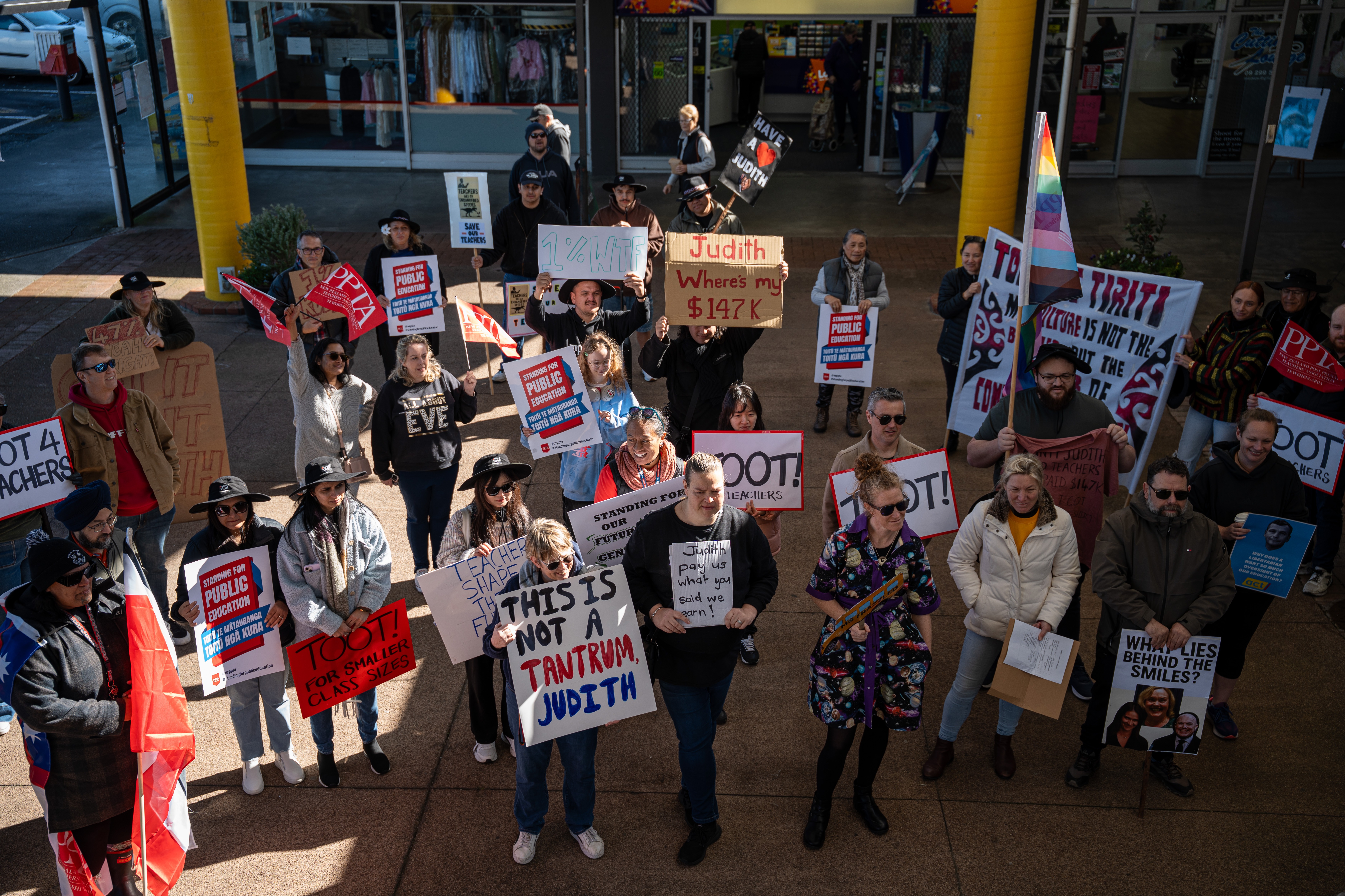 Secondary school teachers strike outside of Judith Collins' electorate office in Papakura, Auckland. New Zealand Herald photograph by Alyse Wright 20 August 2025.