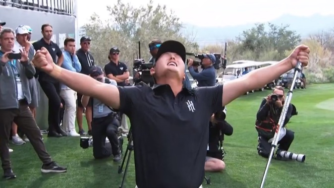 Danny Lee celebrates after winning the LIV Golf event in Arizona. Photo / LIVGolf+