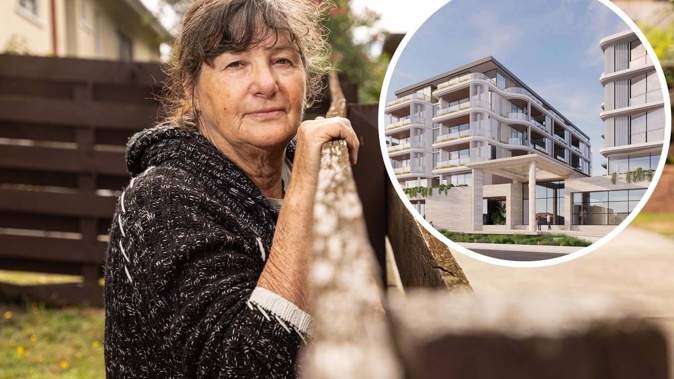 Maura Tailby says the houses behind her property have been sold to make way for the retirement village and aged care facility. Photo / Alex Cairns. Inset:  An artist's impression of the proposed development.