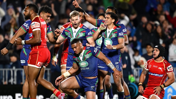 Leka Halasima of the Warriors celebrates after scoring a try during the round 22 NRL match between New Zealand Warriors and Dolphins at Go Media Stadium, on August 01, 2025, in Auckland, New Zealand. (Photo by Hannah Peters/Getty Images)