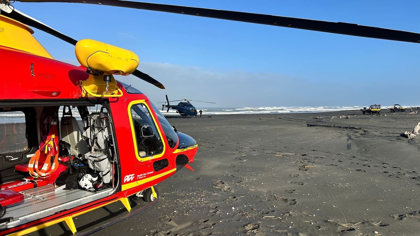 The Auckland Westpac Rescue Helicopter was called alongside police to Port Waikato to assist three patients after a boat capsized. Photo / Auckland Rescue Helicopter Trust