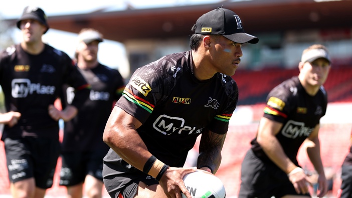 Brian To'o of the Panthers trains during a Penrith Panthers NRL training session at BlueBet Stadium on October 01, 2024 in Penrith, Australia. (Photo by Brendon Thorne/Getty Images)
