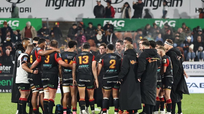 Chiefs players in a halftime huddle during their Super Rugby semifinal against the Brumbies, in June. Photo / SmartFrame