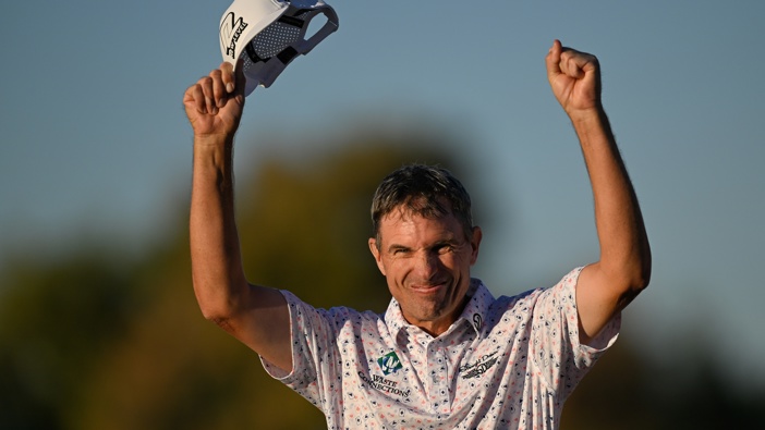 Steven Alker of New Zealand reacts to winning the Charles Schwab Cup while walking off the 18th green during the final round of the Charles Schwab Cup Championship at Phoenix Country Club on November 10, 2024 in Phoenix, Arizona. (Photo by Ben Jared/PGA TOUR via Getty Images)