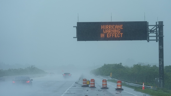 A view of a sign as Hurricane Milton bears down on the Gulf Coast in Sarasota, Florida, United States on October 9, 2024. Residents of Sarasota brace for severe weather and potential evacuations. (Photo by Lokman Vural Elibol/Anadolu via Getty Images)