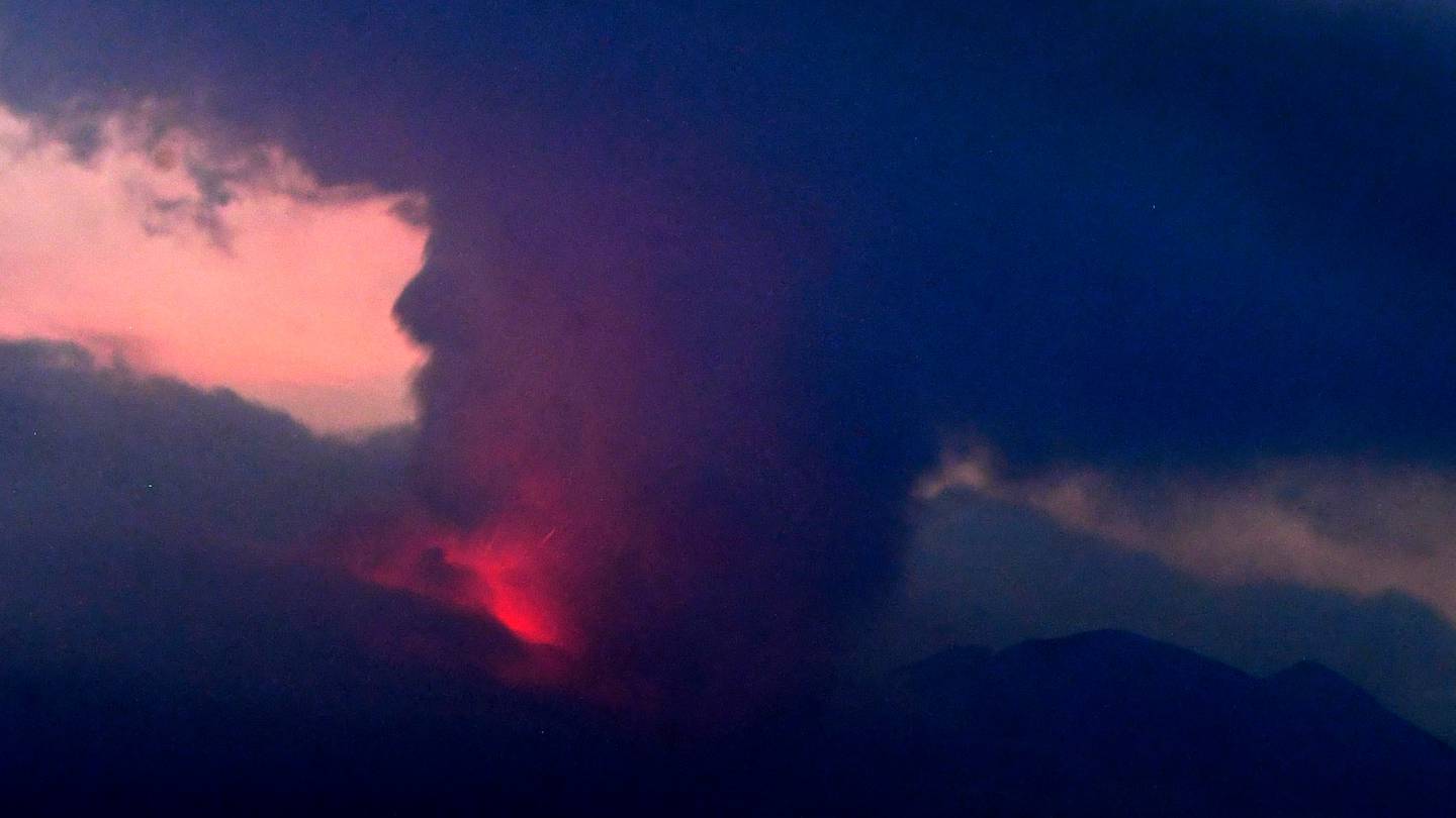 This long exposure image shows the eruption of volcano Sakurajima on Sunday night. Photo / AP