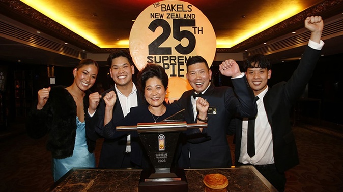 Jessica Lam, Darren Lam, Lay Phan Ho, Patrick Lam and Lawrence Lam from Patrick’s Pies Gold Star Bakery celebrate their supreme win at the 25th Bakels NZ Supreme Pie Awards on Tuesday night. Photo / Supplied