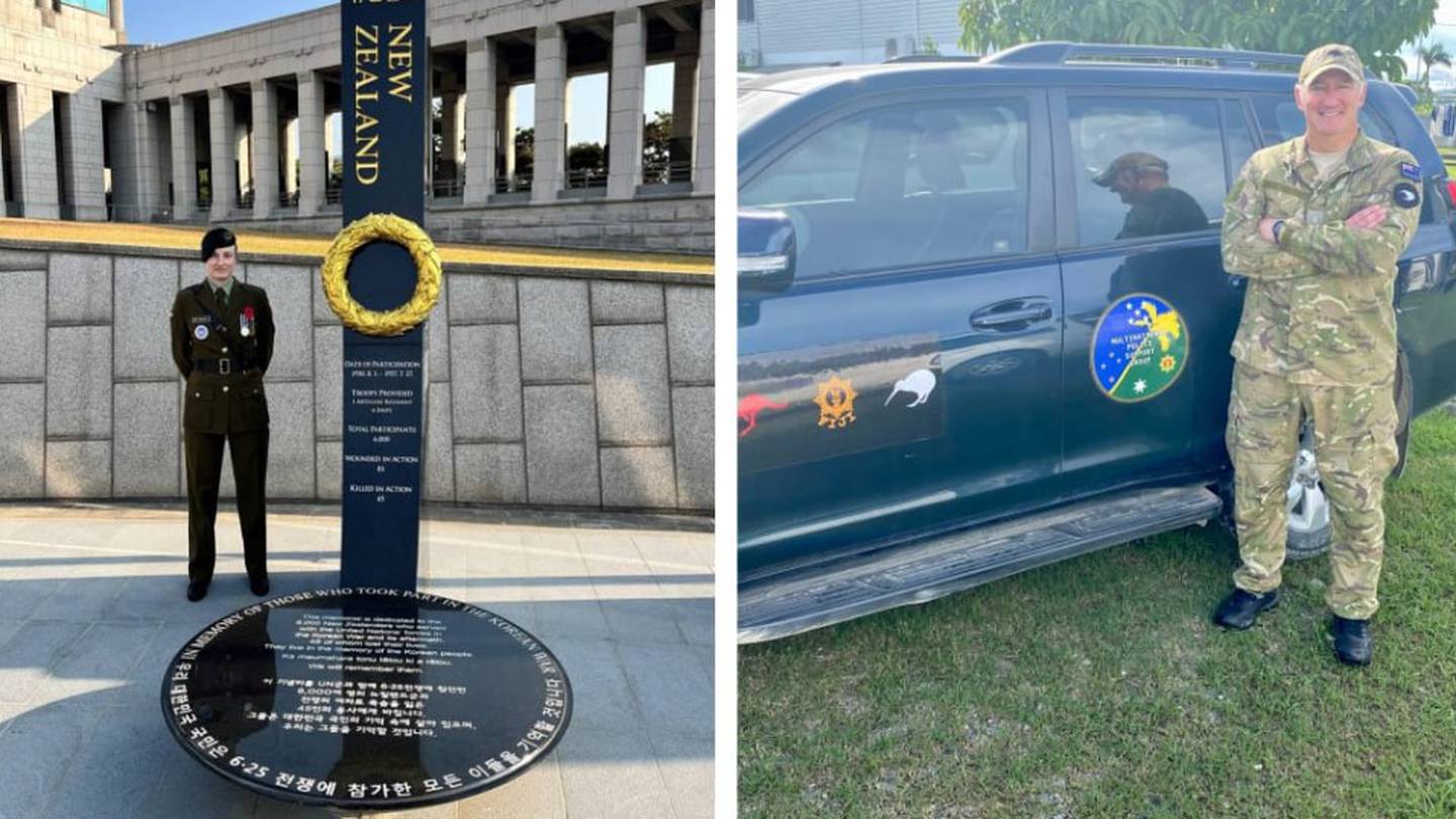 New Zealand Defence Force personnel Captain H. (her military designation) left, and Major Gareth Collings right, will be spending Christmas Day this year in South Korea and Solomon Islands respectively. Photo / Supplied