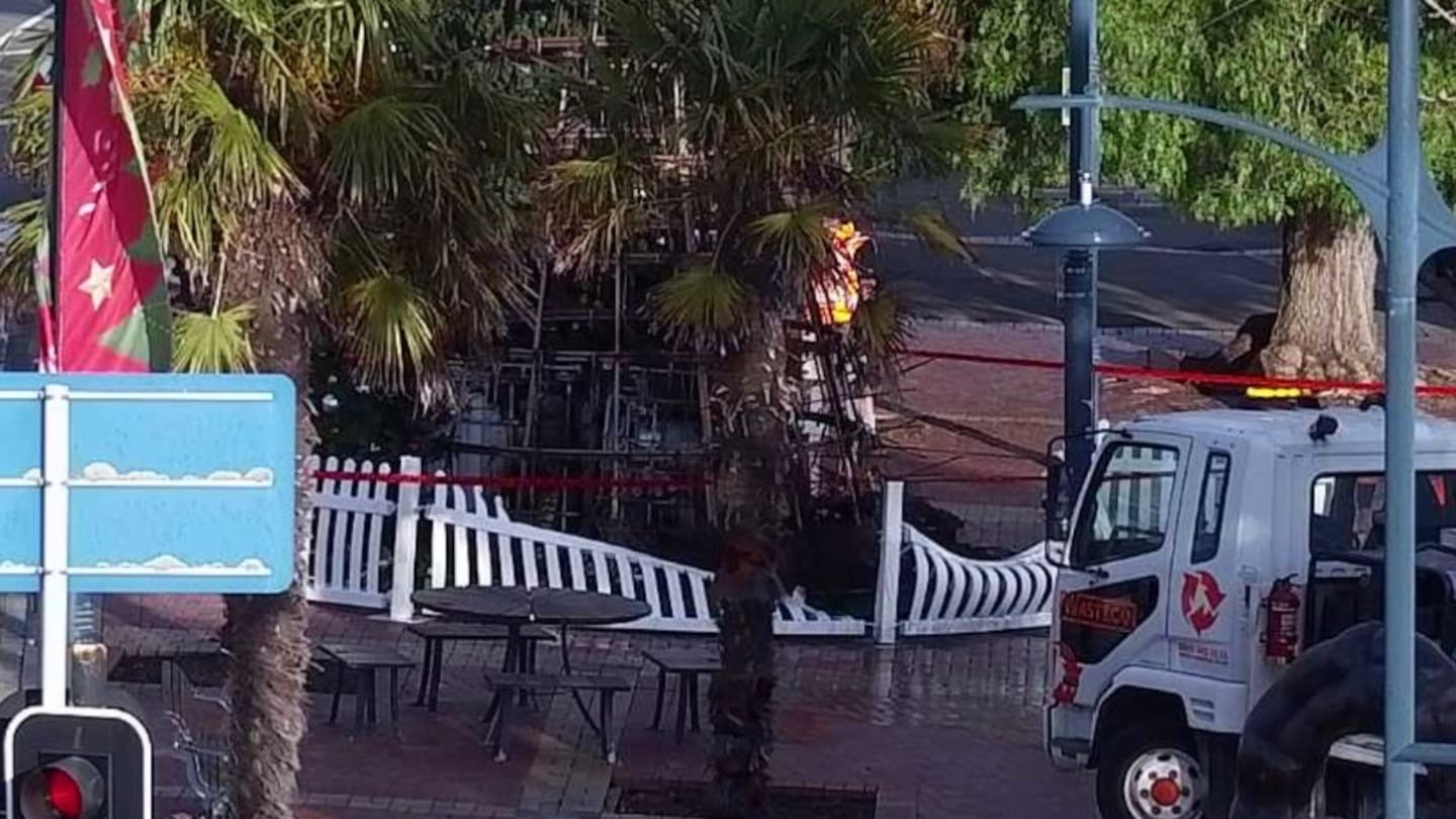A suspicious fire engulfed a 5 metre high Christmas tree at Caroline Bay, Timaru. Photo / Supplied