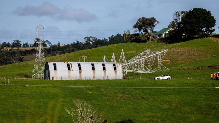 The downed Transpower pylon that knocked power out to much of Northland. Photo / Michael Craig