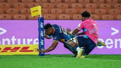 Moana Pasifika midfielder Julian Savea scores his record-breaking try against the Melbourne Rebels at FMG Stadium Waikato. Photo / Photosport