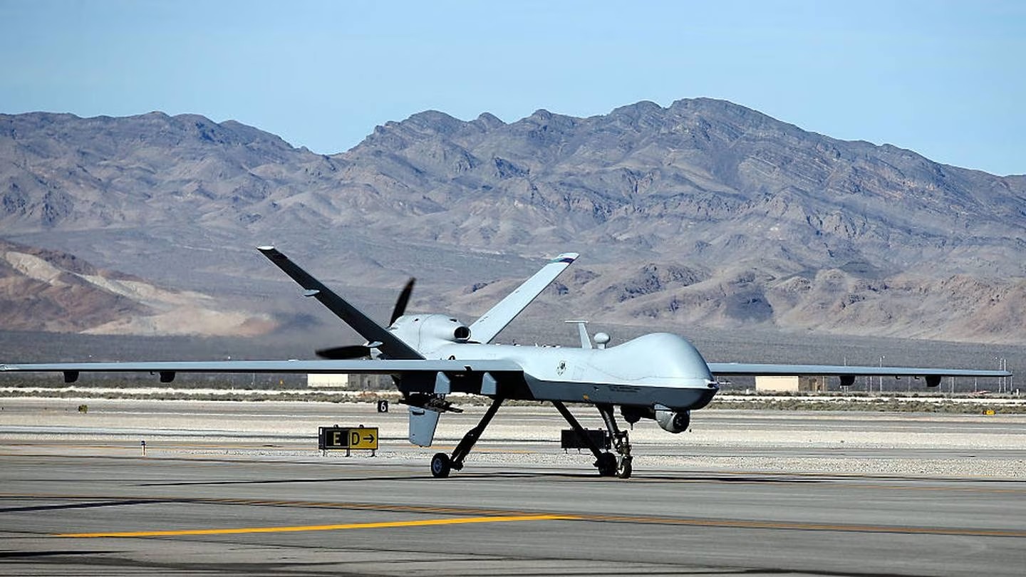 An MQ-9 Reaper remotely piloted aircraft (RPA) pictured at Creech Air Force Base in Indian Springs, Nevada. A Reaper drone was was forced down in international waters by a Russian fighter jet over the Black Sea. Photo / Getty Images