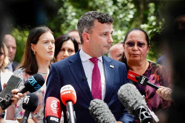 ACT leader David Seymour had his microphone taken away during his speech at Waitangi in February. New Zealand Herald photograph by Dean Purcell.