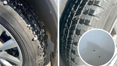 The driver of this car said her tyres were so coated in debris it kept flying off for several kilometres (left). Right: Two days later the tyres were still coated in tar despite a lot of driving and a car wash. Inset: The bonnet has multiple paint chips from flying stones.