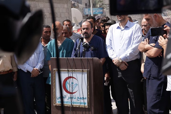 The director of Al-Shifa Medical Complex, Mohammed Abu Salmiya, speaks to the press at Nasser Hospital in Khan Yunis after being released by the Israeli army following more than seven months of detention. Photo / Getty Images