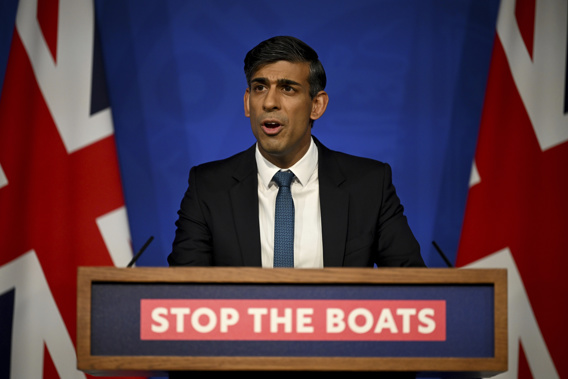 Britain's Prime Minister Rishi Sunak holds a press conference, following the Supreme Court's Rwanda policy judgement, at Downing Street, London, Wednesday, Nov. 15, 2023. (Leon Neal, Pool Photo via AP)