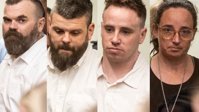 Defendants from left to right in murder trial at High Court in Christchurch: Aaron Boden, Hayden Burt, and siblings Cody Boyes and Karina Boyes. Photo / George Heard