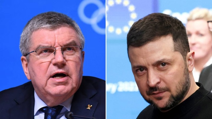 IOC president Thomas Bach (L) and Ukrainian President Volodymyr Zelenskyy have opposing views on how Russian athletes should be treated at the 2024 Paris Olympics. Photos / Photosport, AP