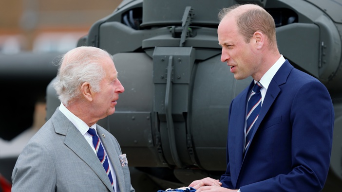 King Charles III presents Prince William, Prince of Wales with the blue beret and belt of the Army Air Corps during the official handover in which The King passes the role of Colonel-in-Chief of the Army Air Corps to The Prince of Wales. Photo / Getty Images