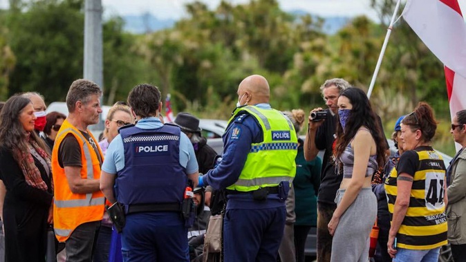 Police stop Sovereign Hikoi Of Truth (Shot) protesters at Mercer in October as they try to pass through Auckland's southern boundary to head north to Waitangi. (Photo / Mike Scott)