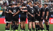 The All Blacks huddle against Ireland during the The Gallagher Cup: The Rematch at Soldier Field on November 01, 2025 in Chicago, Illinois. (Photo by Michael Reaves/Getty Images)