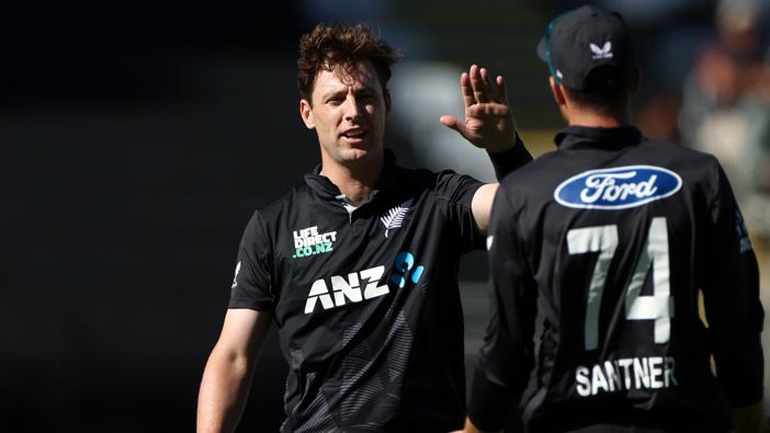 Matt Henry of New Zealand celebrates a wicket (C) during game three of the Men's ODI series between New Zealand and Sri Lanka at Eden Park, on January 11, 2025, in Auckland, New Zealand. (Photo by Fiona Goodall/Getty Images)