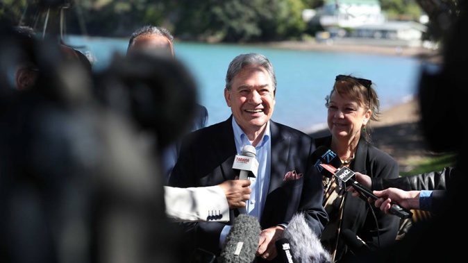 New Zealand First leader Winston Peters addresses reporters outside the Duke of Marlborough Hotel in Russell on Sunday, one day after voters returned his party to Parliament. Photo / Michael Cunningham