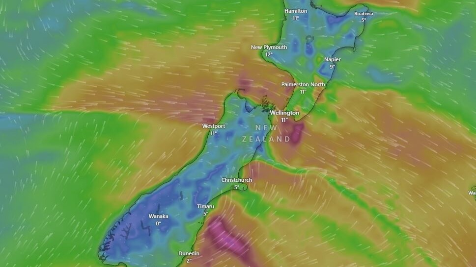 A fast-moving cold snap from Antarctica will bring chilly temperatures for much of New Zealand. Photo / Windy.com
